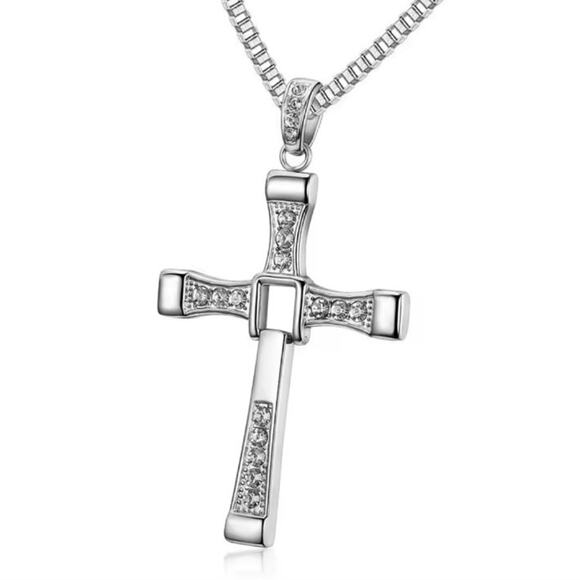 Silver Cross Necklace Fast & Furious CZ Diamonds Christian Vin Diesel Faith Gift - Picture 8 of 8